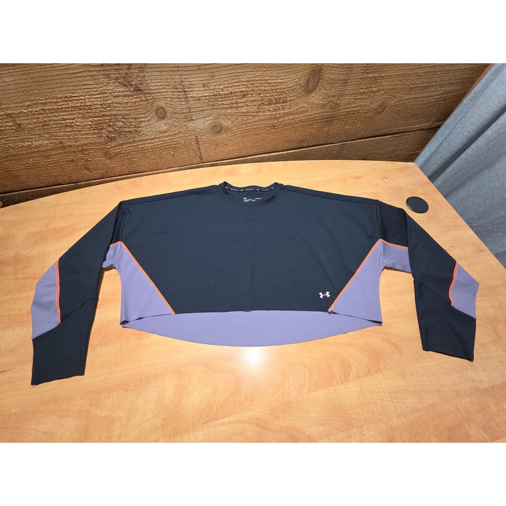 Under Armour Rush HeatGear Crop Top Black Purple Orange Contrast Stitch Large